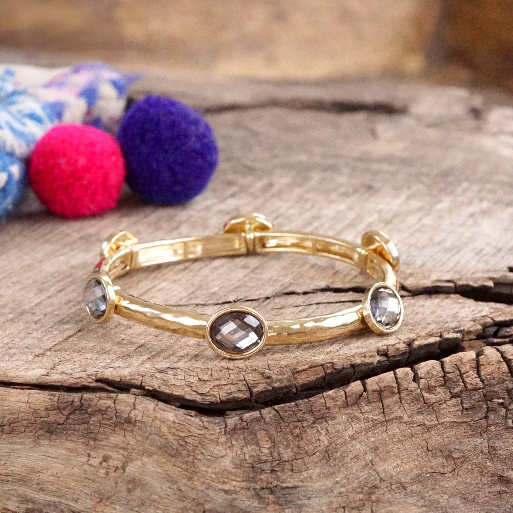 Jeweled Golden Bangle - with Faceted glass oval colorful jewels-Bracelets-PennyLine inc-Stuffology - Where Vintage Meets Modern, A Boutique for Real Women in Crosbyton, TX