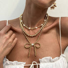 MULTILAYER BALL CHAIN BEAD PEARL BOW NECKLACE | 40NK9455-Necklaces-JOSSLYN by wall to wall-Stuffology - Where Vintage Meets Modern, A Boutique for Real Women in Crosbyton, TX