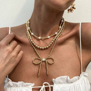 MULTILAYER BALL CHAIN BEAD PEARL BOW NECKLACE | 40NK9455-Necklaces-JOSSLYN by wall to wall-Stuffology - Where Vintage Meets Modern, A Boutique for Real Women in Crosbyton, TX