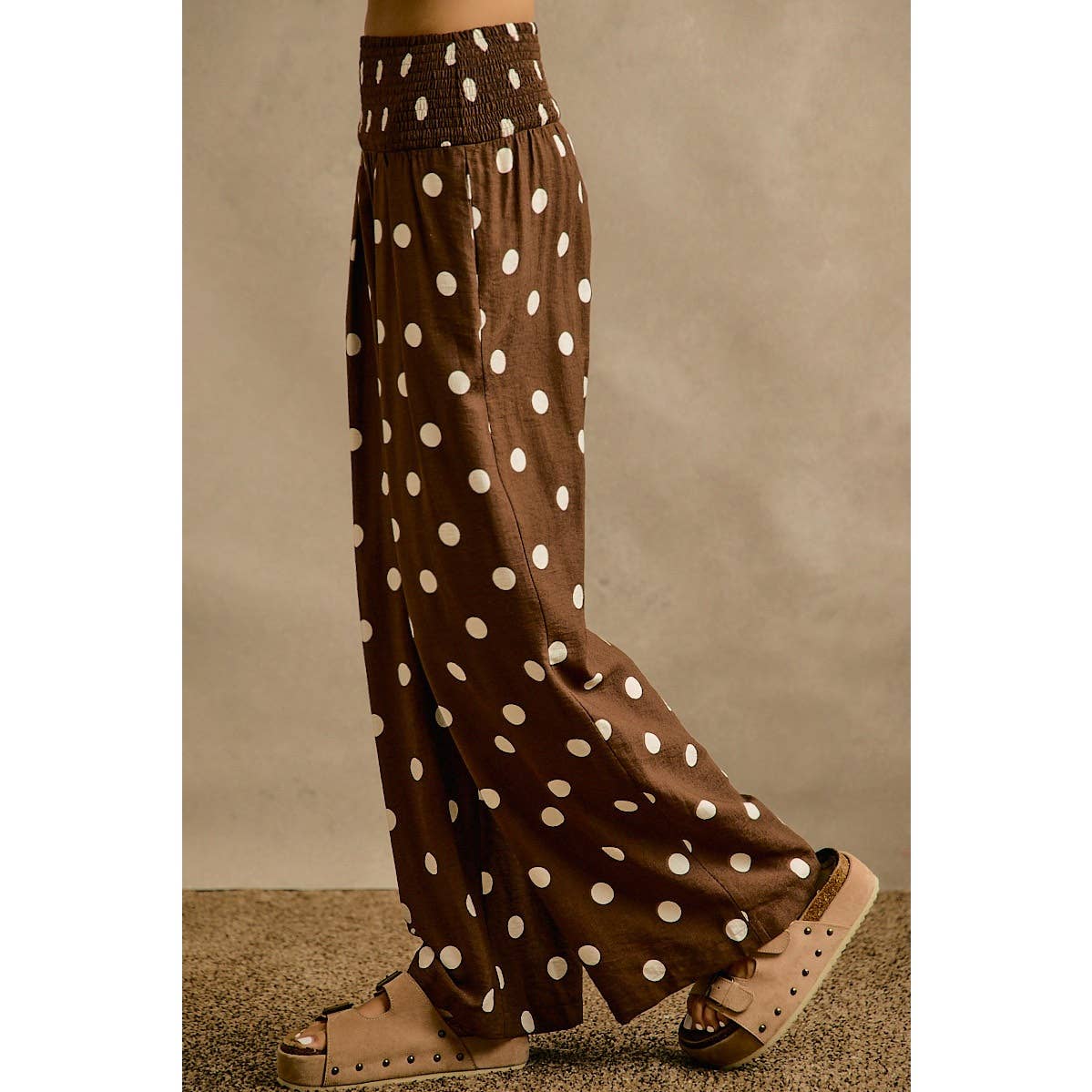 POLKA DOT CREPE SMOCKED POCKET WIDE LEG PANTS-So Me-Stuffology - Where Vintage Meets Modern, A Boutique for Real Women in Crosbyton, TX