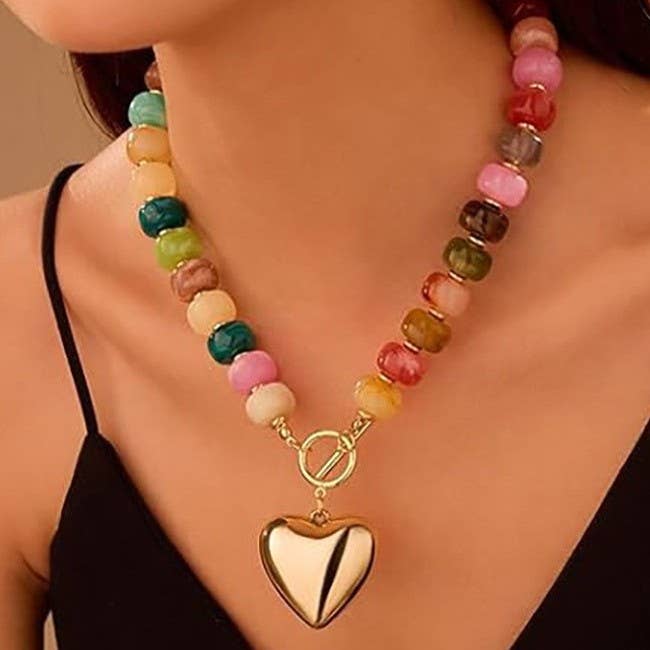 MULTI BEADED HEART CHARM TOGGLE NECKLACE-Necklaces-Stuffology Boutique-Stuffology - Where Vintage Meets Modern, A Boutique for Real Women in Crosbyton, TX
