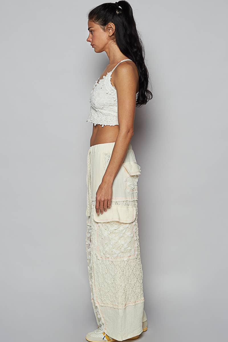 POL Clothing Solid Lace Patch Wide Pants-Pants-Pol Clothing-Stuffology - Where Vintage Meets Modern, A Boutique for Real Women in Crosbyton, TX