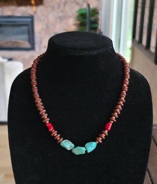 Turquoise, Coral Necklace, wood beads Native American made-Necklaces-Horse Spirit Studio-Stuffology - Where Vintage Meets Modern, A Boutique for Real Women in Crosbyton, TX