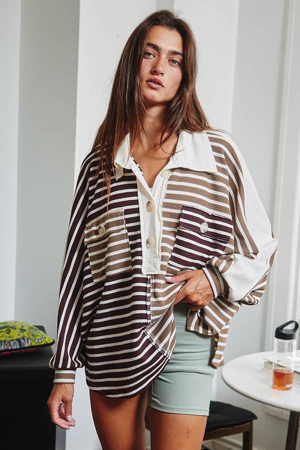 Stripe Color-Block Oversized Button Up Polo Top /Stuffology Boutique-TOP-BUCKETLIST-Stuffology - Where Vintage Meets Modern, A Boutique for Real Women in Crosbyton, TX