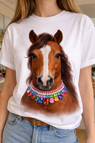 Jeweled Collar Horse on White Graphic Tee-Graphic Tees-Bling-A-GoGo, LLC-Stuffology - Where Vintage Meets Modern, A Boutique for Real Women in Crosbyton, TX