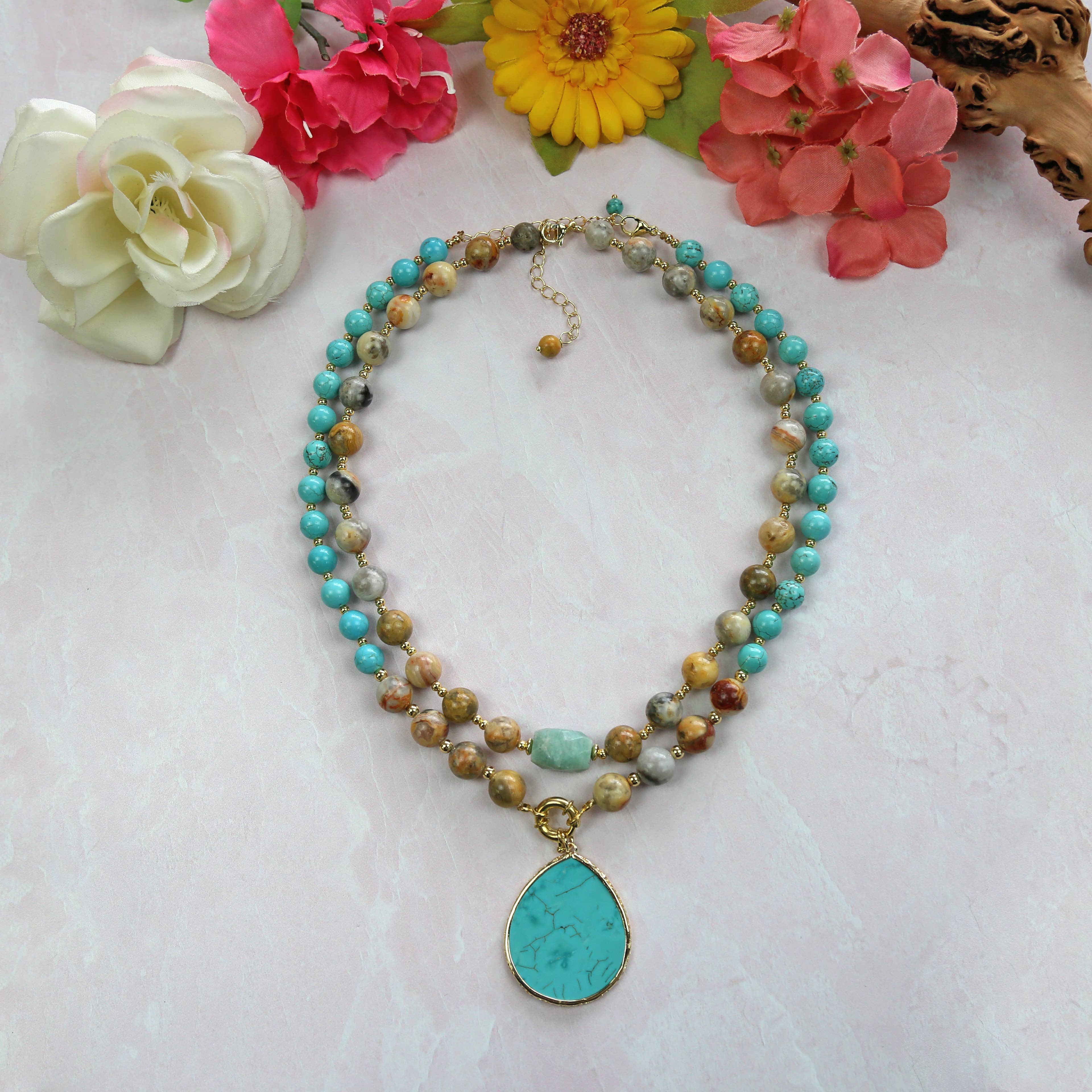 Crazy Lace Agate and Magnesite Turquoise Pendant Necklace-IST Jewelry-Stuffology - Where Vintage Meets Modern, A Boutique for Real Women in Crosbyton, TX