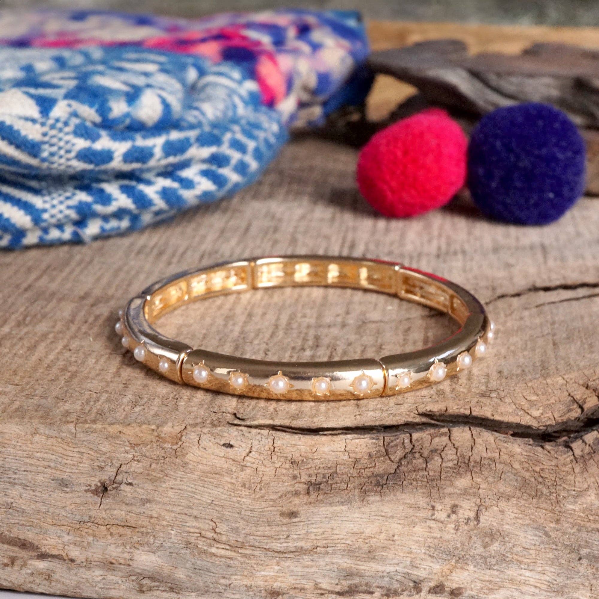 Gold-Tone Eternity Stretch Bangle – Pearls, Turquoise, or Crystals-Bracelets-PennyLine inc-Stuffology - Where Vintage Meets Modern, A Boutique for Real Women in Crosbyton, TX