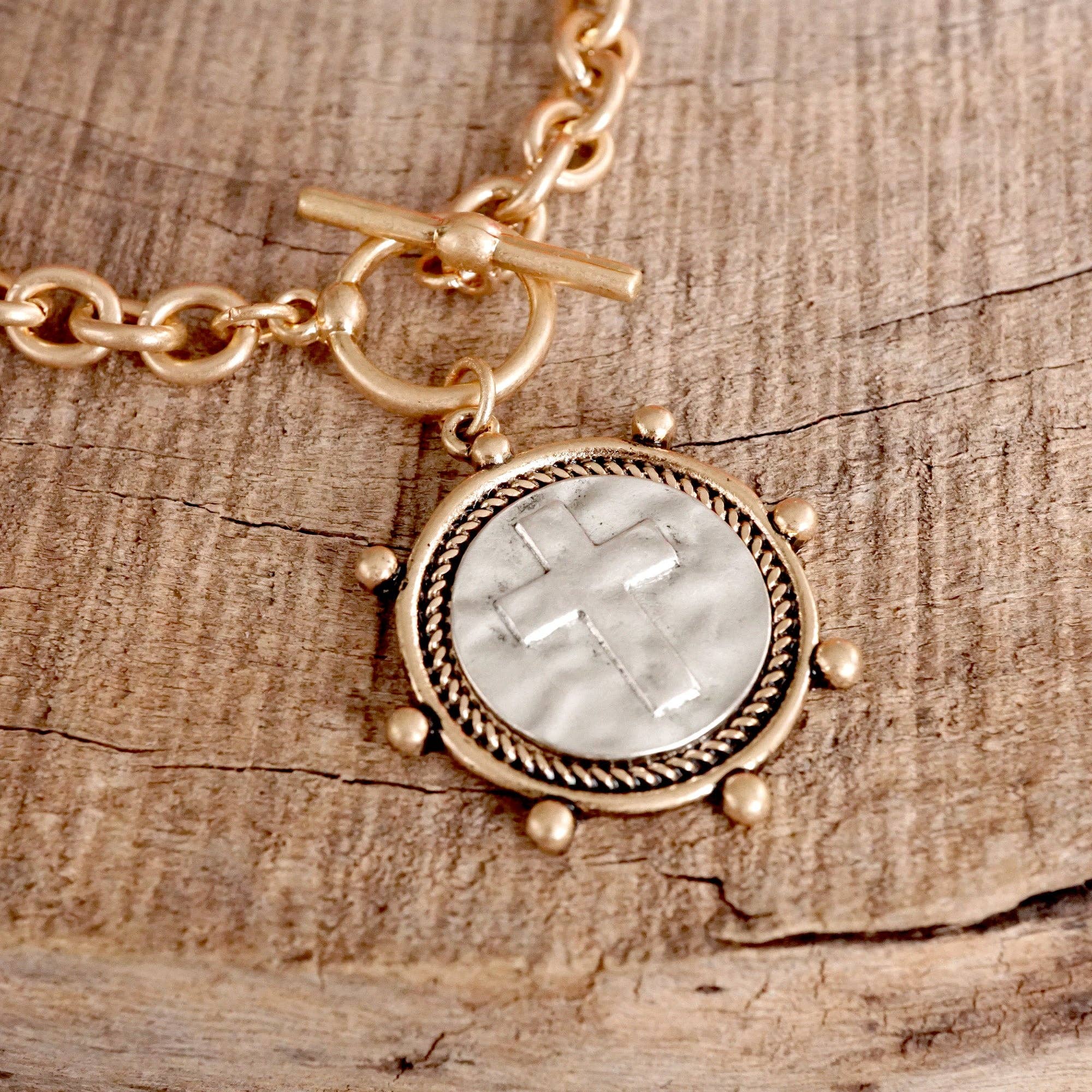 Cross Coin Chain Bracelet Toggle Closure Silver or Gold Tone-Bracelets-PennyLine inc-Stuffology - Where Vintage Meets Modern, A Boutique for Real Women in Crosbyton, TX