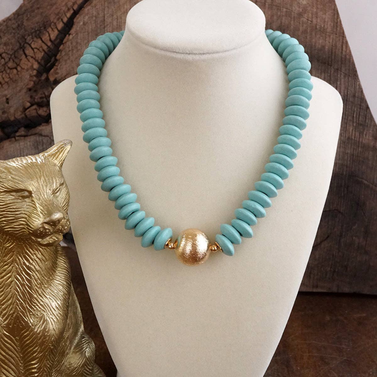 Wood Saucer Beads Short Statement Necklace Gold center Hot Pink Beige Turquoise-Necklaces-PennyLine inc-Stuffology - Where Vintage Meets Modern, A Boutique for Real Women in Crosbyton, TX
