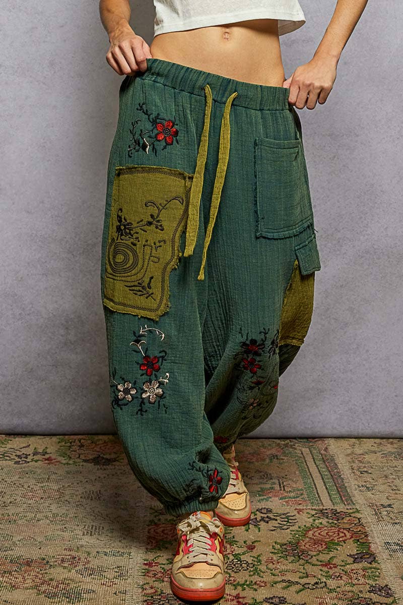 POL Clothing Double gauze floral embroidery accents patch detail pants-pants-Pol Clothing-Stuffology - Where Vintage Meets Modern, A Boutique for Real Women in Crosbyton, TX