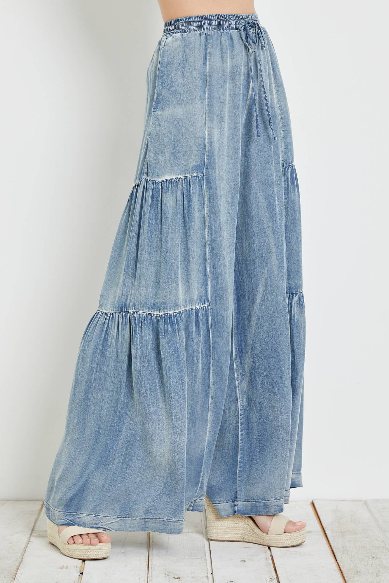 RUFFLED SIDE WASHED DENIM WIDE PANTS /STUFFOLOGY BOUTIQUE-Jeans-Mustard Seed-Stuffology - Where Vintage Meets Modern, A Boutique for Real Women in Crosbyton, TX