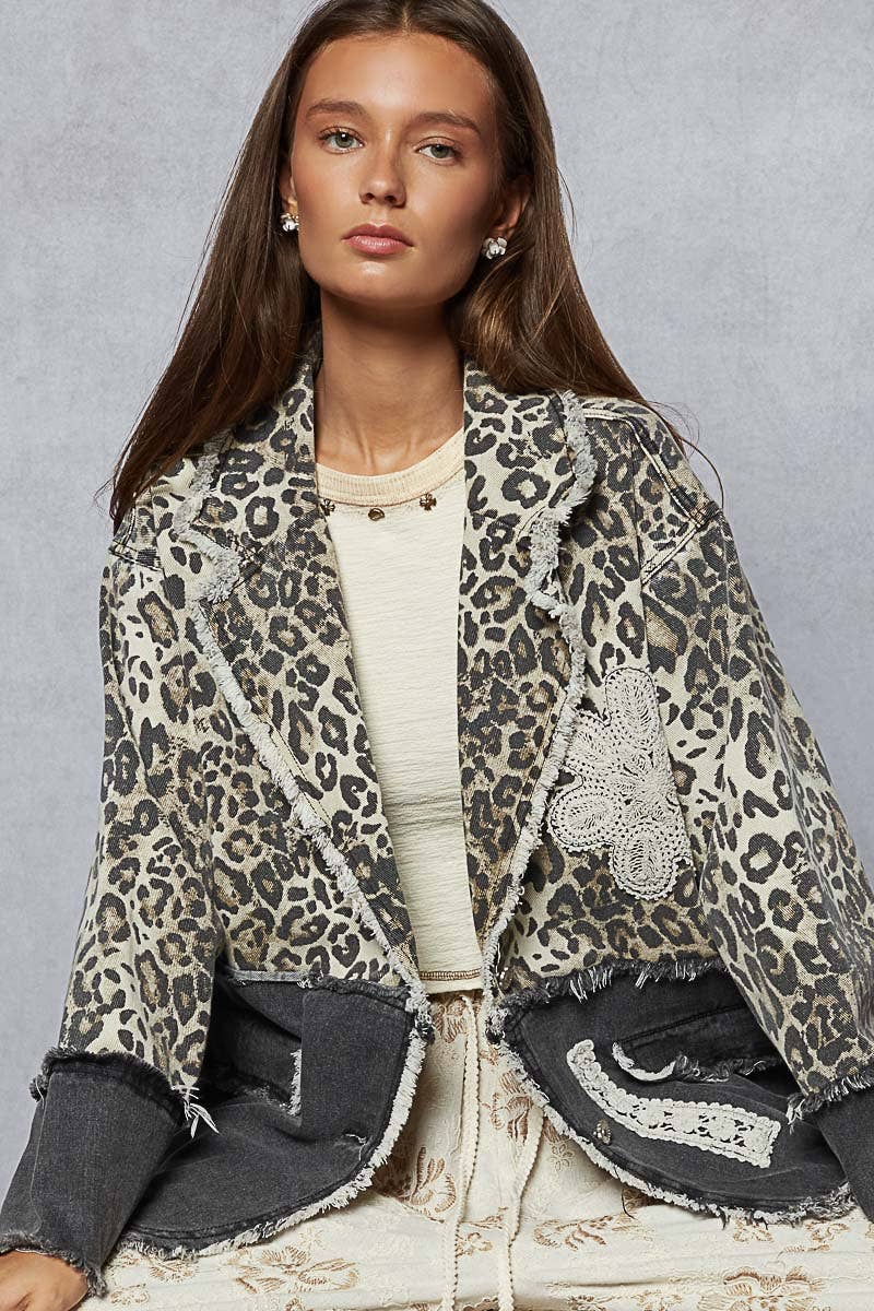 V-neck long sleeve crochet patch printed twill woven jacket-Jackets-Pol Clothing-Stuffology - Where Vintage Meets Modern, A Boutique for Real Women in Crosbyton, TX