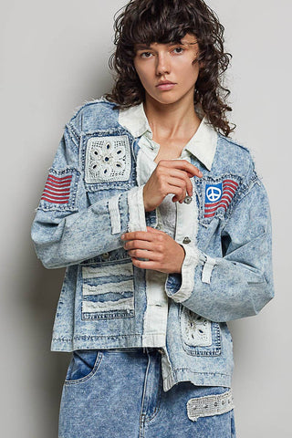 Americana Patchwork Denim Jacket-Denim Jacket-Pol Clothing-Stuffology - Where Vintage Meets Modern, A Boutique for Real Women in Crosbyton, TX