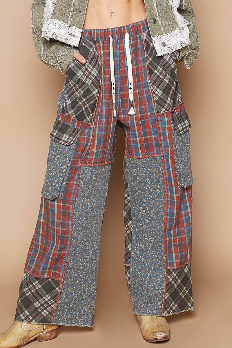 Wide Leg Elastic Waist Contrast Plaid Cargo Pockets Pants /Stuffology Boutique-Pants-Pol Clothing-Stuffology - Where Vintage Meets Modern, A Boutique for Real Women in Crosbyton, TX