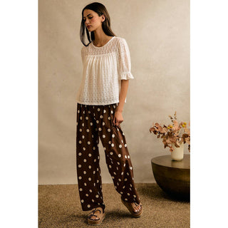 POLKA DOT CREPE SMOCKED POCKET WIDE LEG PANTS-Wide Leg Pants-So Me-Stuffology - Where Vintage Meets Modern, A Boutique for Real Women in Crosbyton, TX
