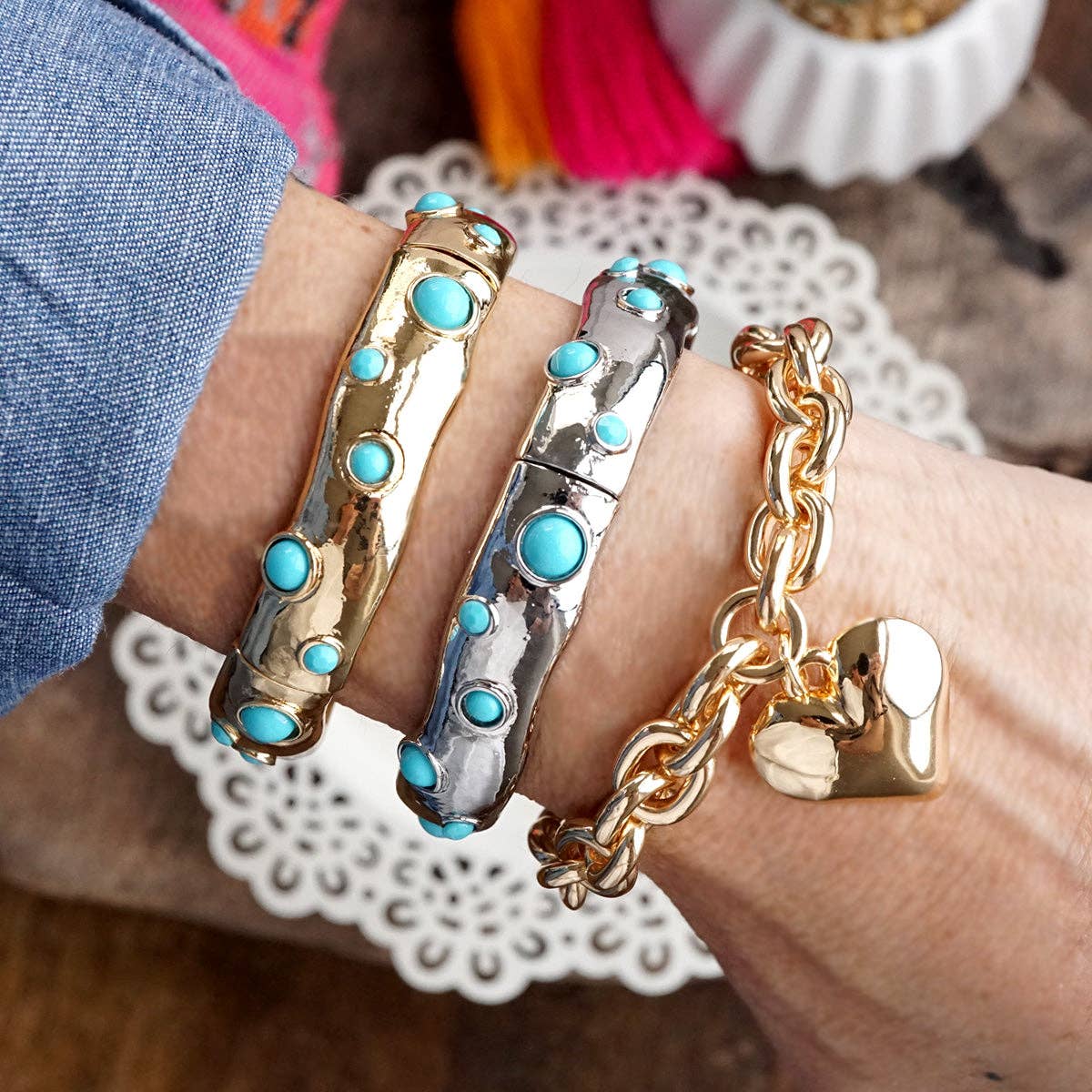 Desert Dew – Turquoise Cabochon Stretch Bangle-Bracelets-PennyLine inc-Stuffology - Where Vintage Meets Modern, A Boutique for Real Women in Crosbyton, TX