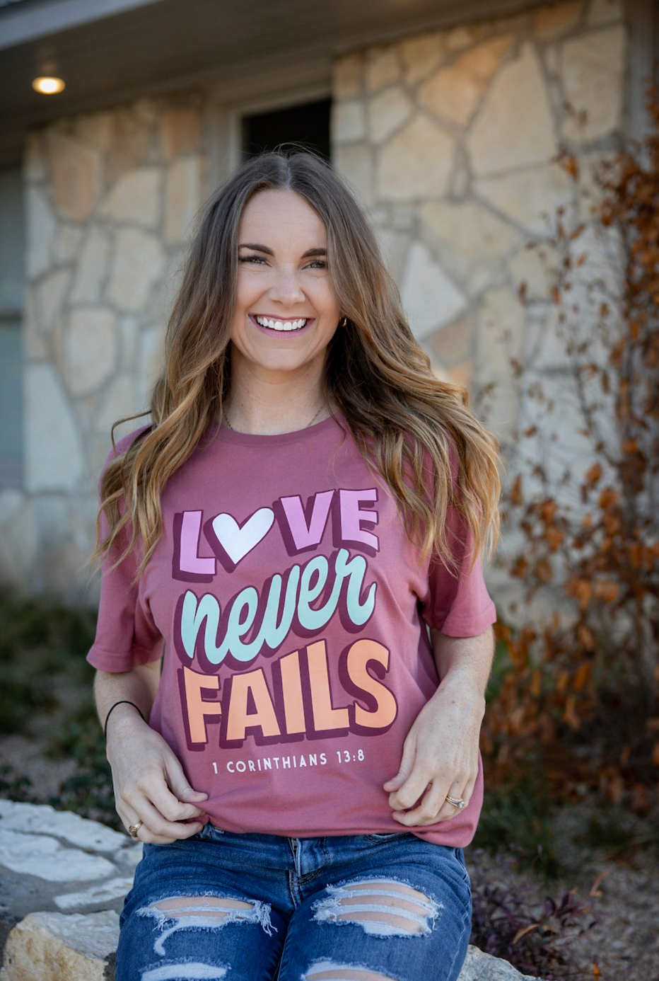 Love Never Fails - Short Sleeve (Mauve Berry) Graphic Tee-Women > Tops > Tshirts > Graphic-Jadelynn Brooke-Stuffology - Where Vintage Meets Modern, A Boutique for Real Women in Crosbyton, TX