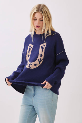 Western Horseshoe Cactus Knit Sweater-Sweaters-Sewn and Seen-Stuffology - Where Vintage Meets Modern, A Boutique for Real Women in Crosbyton, TX