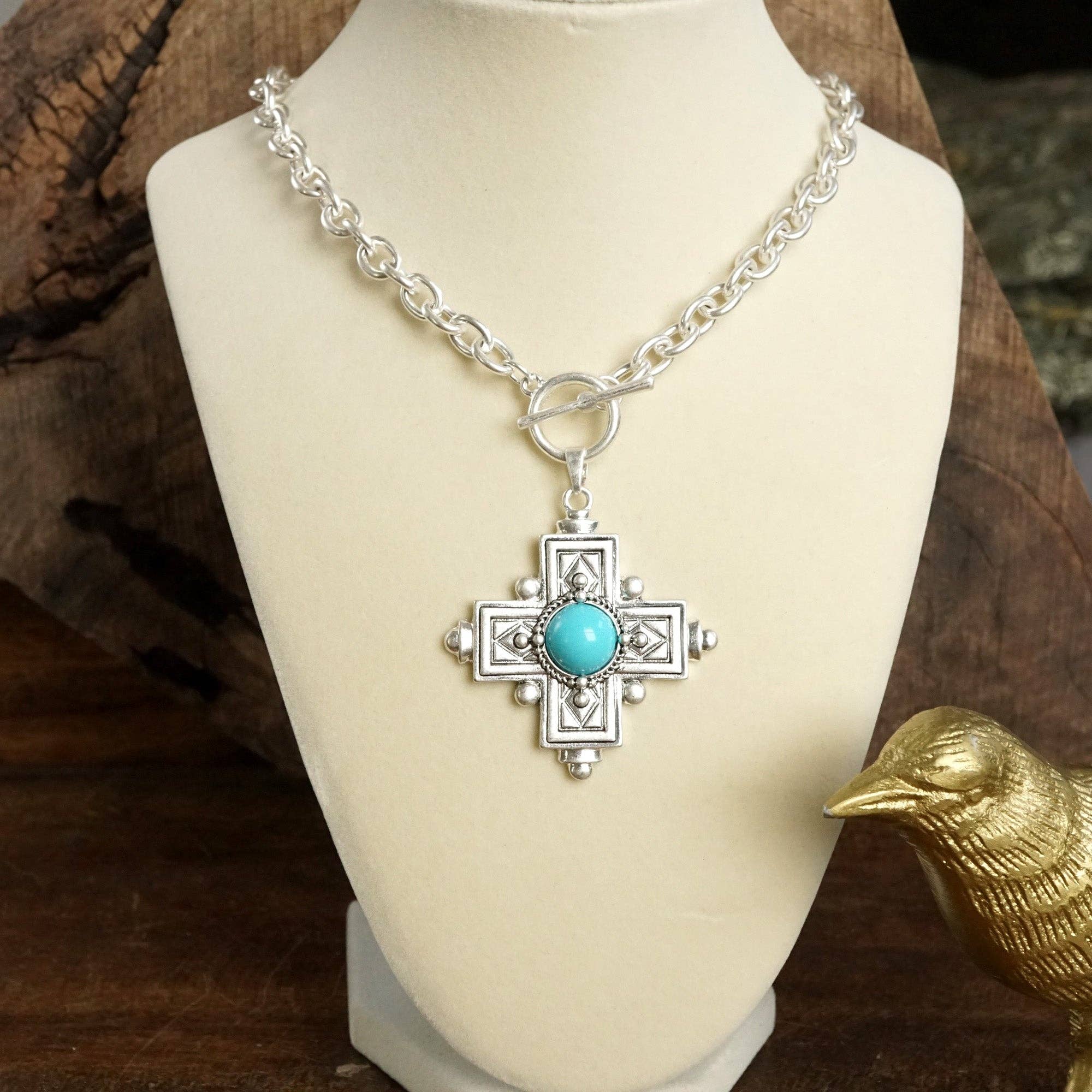 Decorative Cross Necklace Worn Gold or Silver Tone Front Toggle and Turquoise-Necklaces-PennyLine inc-Stuffology - Where Vintage Meets Modern, A Boutique for Real Women in Crosbyton, TX