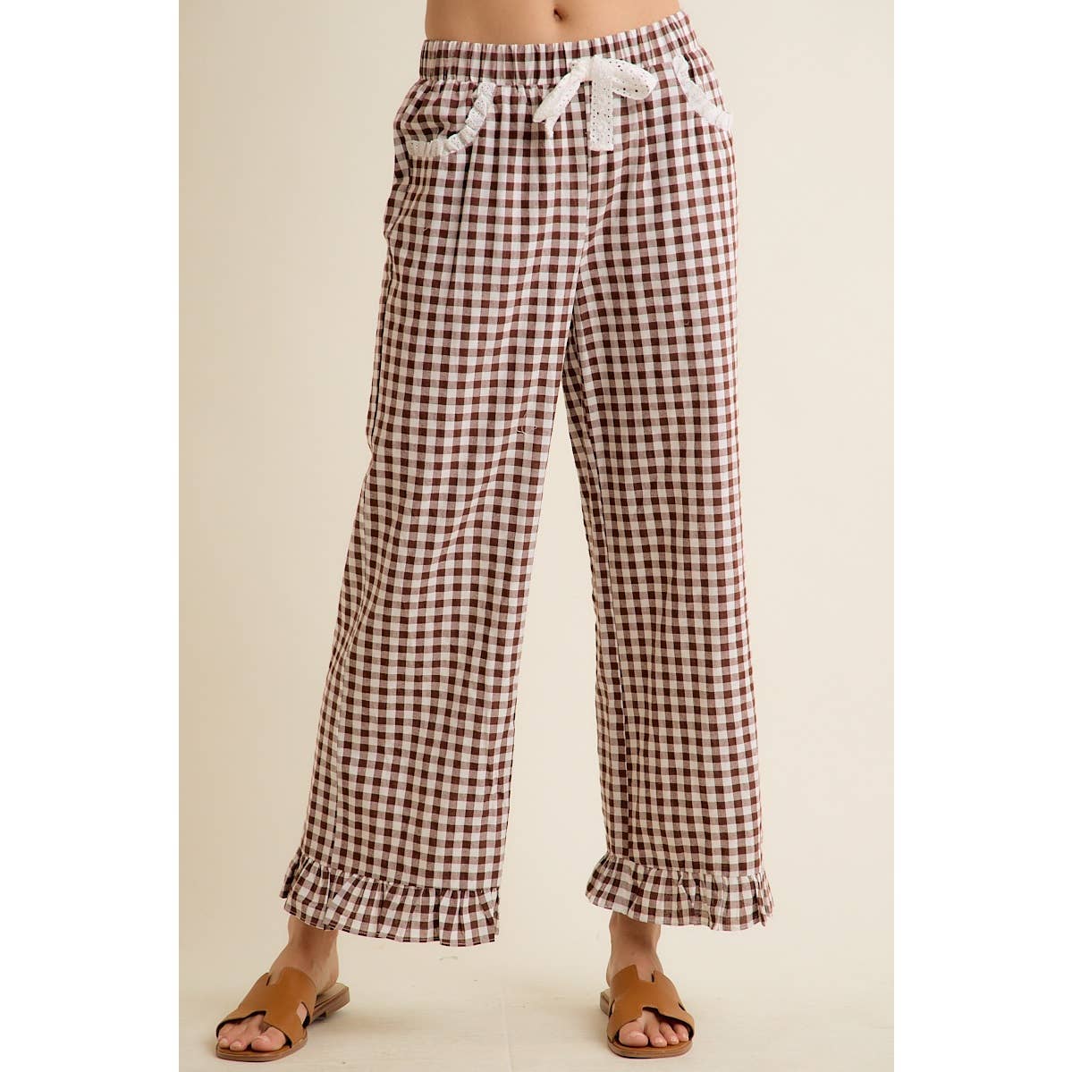 GINGHAM LACE RUFFLED PULL ON PANTS-So Me-Stuffology - Where Vintage Meets Modern, A Boutique for Real Women in Crosbyton, TX