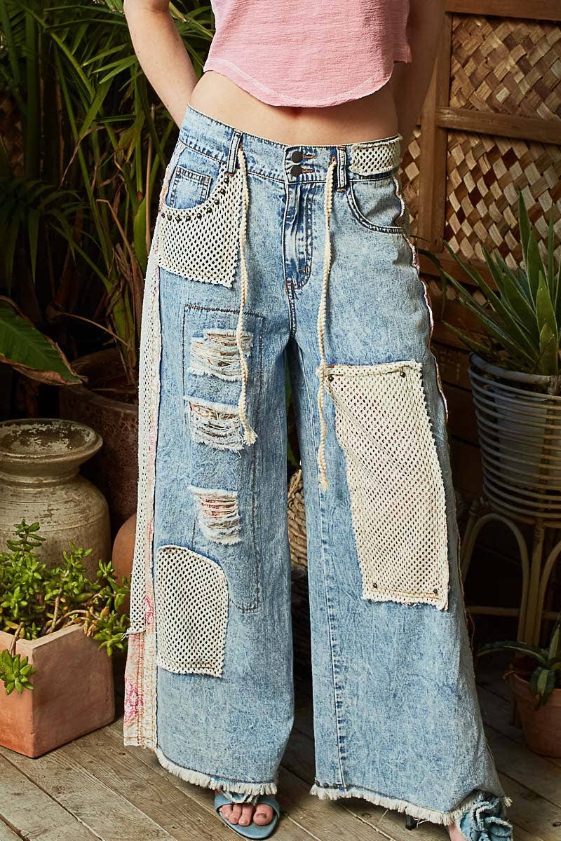 POL Clothing Stud Detail Patchwork Denim Pants-Jeans-Pol Clothing-Stuffology - Where Vintage Meets Modern, A Boutique for Real Women in Crosbyton, TX