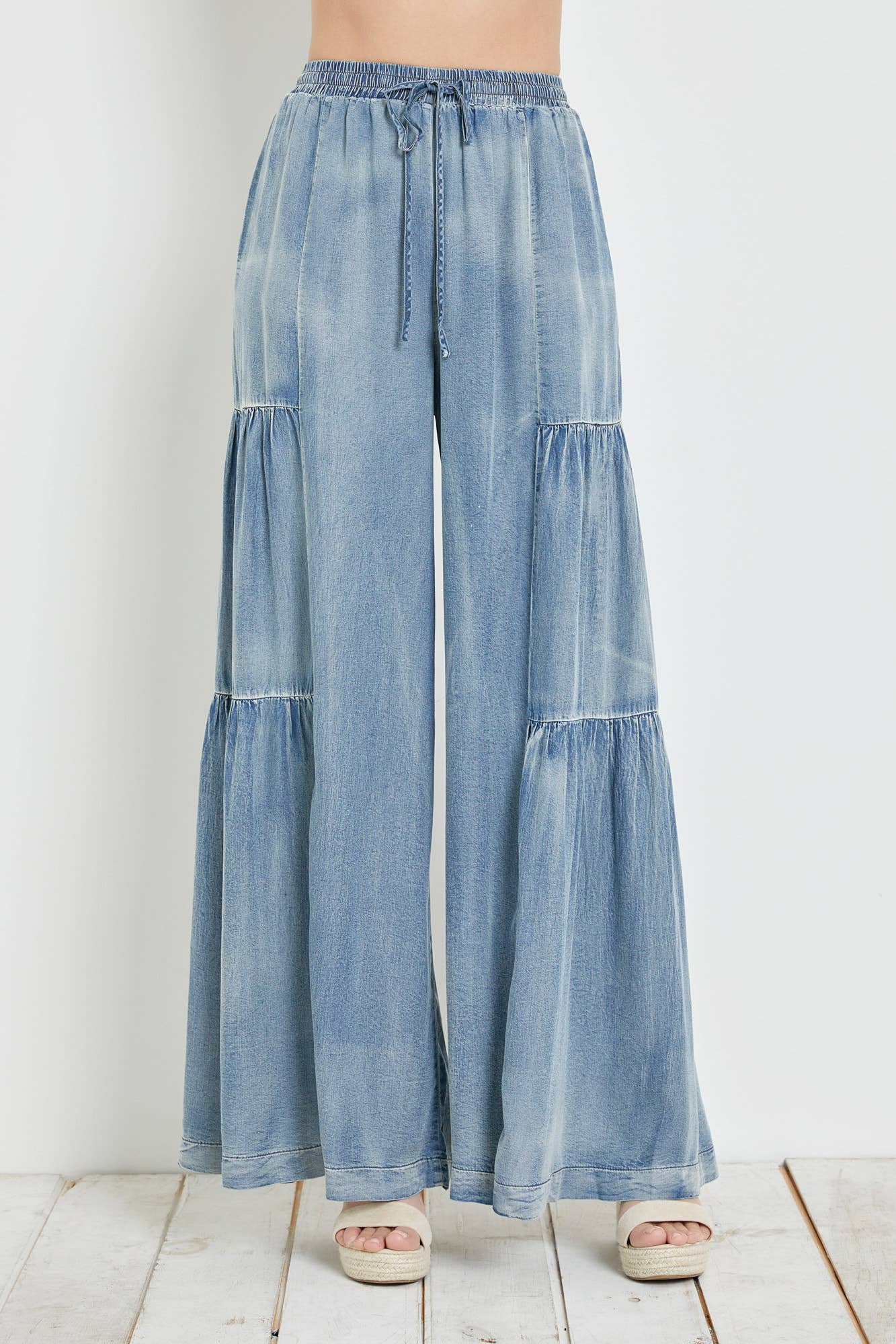 RUFFLED SIDE WASHED DENIM WIDE PANTS /STUFFOLOGY BOUTIQUE-Jeans-Mustard Seed-Stuffology - Where Vintage Meets Modern, A Boutique for Real Women in Crosbyton, TX