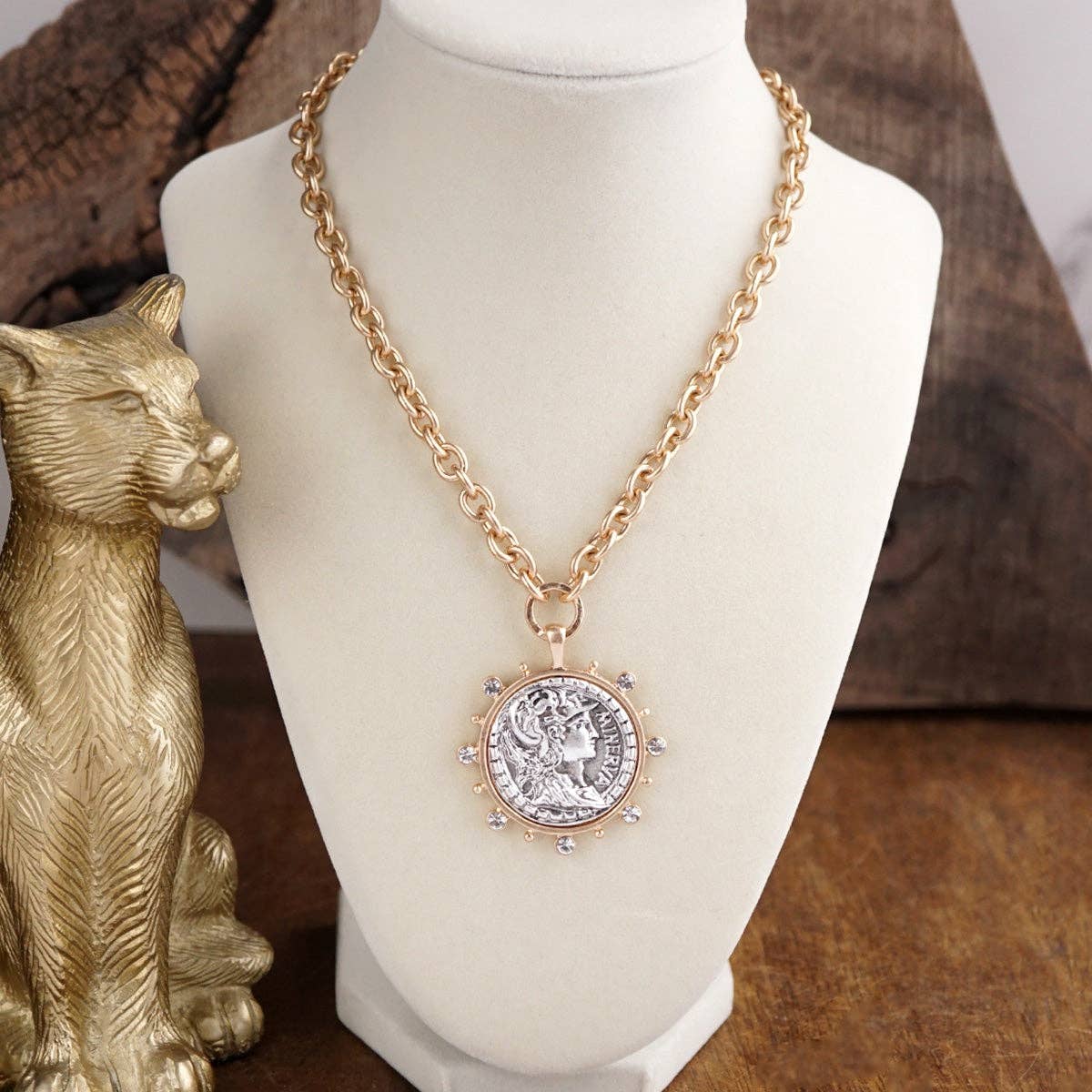 Radiant Relic – Coin Medallion Necklace with Crystal Halo-Necklaces-PennyLine inc-Stuffology - Where Vintage Meets Modern, A Boutique for Real Women in Crosbyton, TX