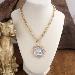 Radiant Relic – Coin Medallion Necklace with Crystal Halo-Necklaces-PennyLine inc-Stuffology - Where Vintage Meets Modern, A Boutique for Real Women in Crosbyton, TX