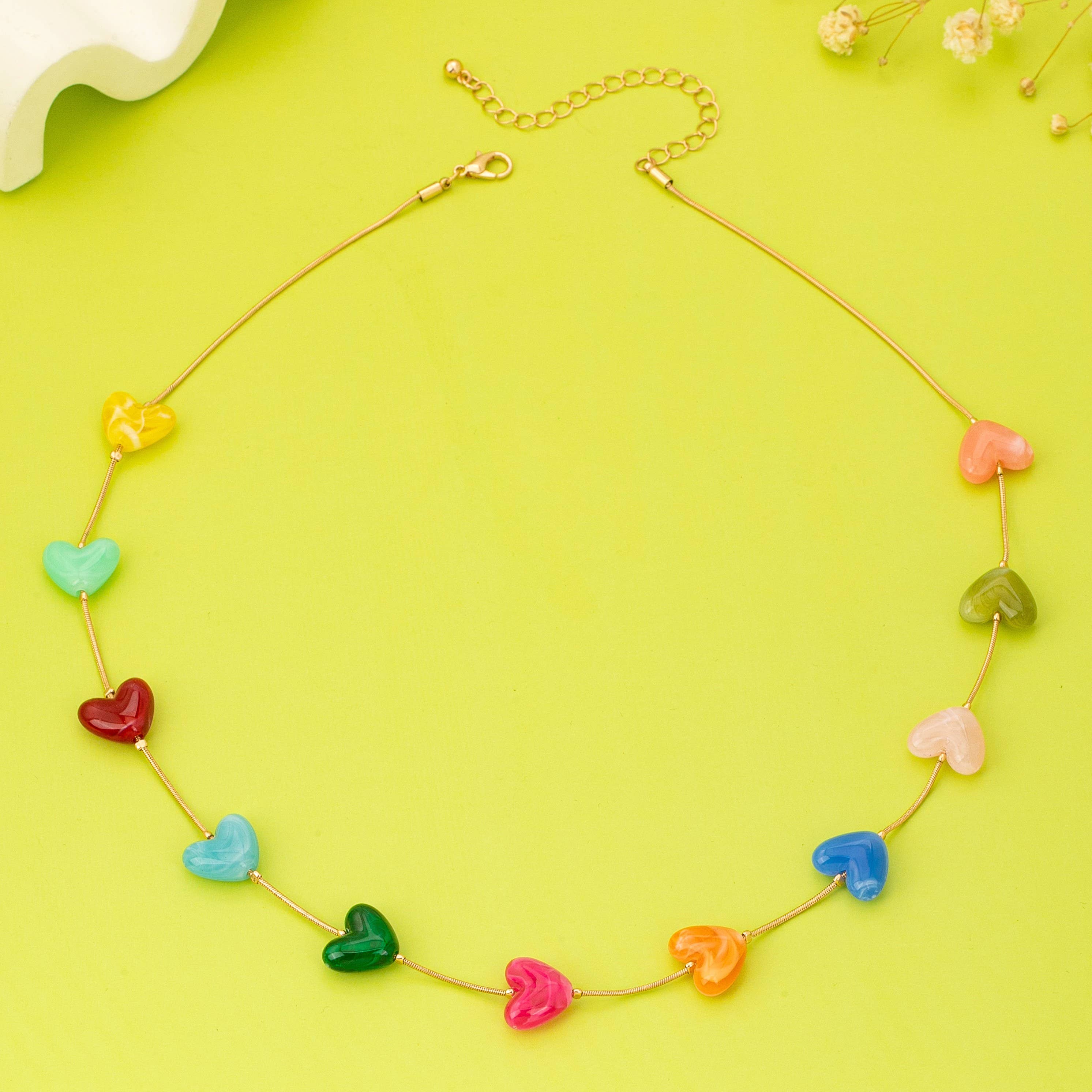 Multicolor Resin Beaded Heart Station Necklace | 80N92985-Necklaces-JOSSLYN by wall to wall-Stuffology - Where Vintage Meets Modern, A Boutique for Real Women in Crosbyton, TX