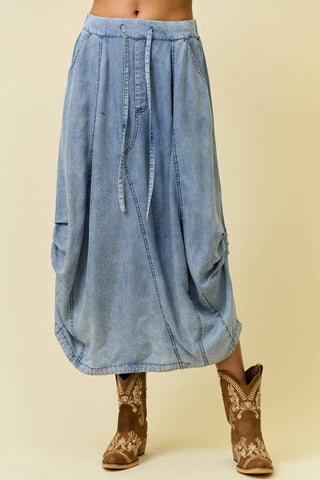 DENIM SIDE TUCK DETAIL MIDI SHIRT - 6557S-2-Skirts-Doe and Rae-Stuffology - Where Vintage Meets Modern, A Boutique for Real Women in Crosbyton, TX