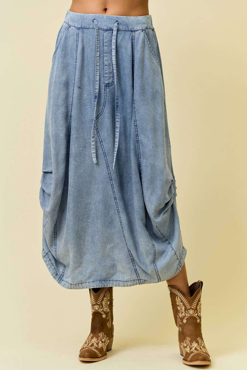 DENIM SIDE TUCK DETAIL MIDI SKIRT-Skirts-Doe and Rae-Stuffology - Where Vintage Meets Modern, A Boutique for Real Women in Crosbyton, TX