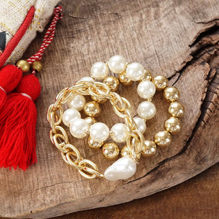 Chunky Chain and beads bracelet set pearlized and golden large ball beads-Bracelets-PennyLine inc-Stuffology - Where Vintage Meets Modern, A Boutique for Real Women in Crosbyton, TX