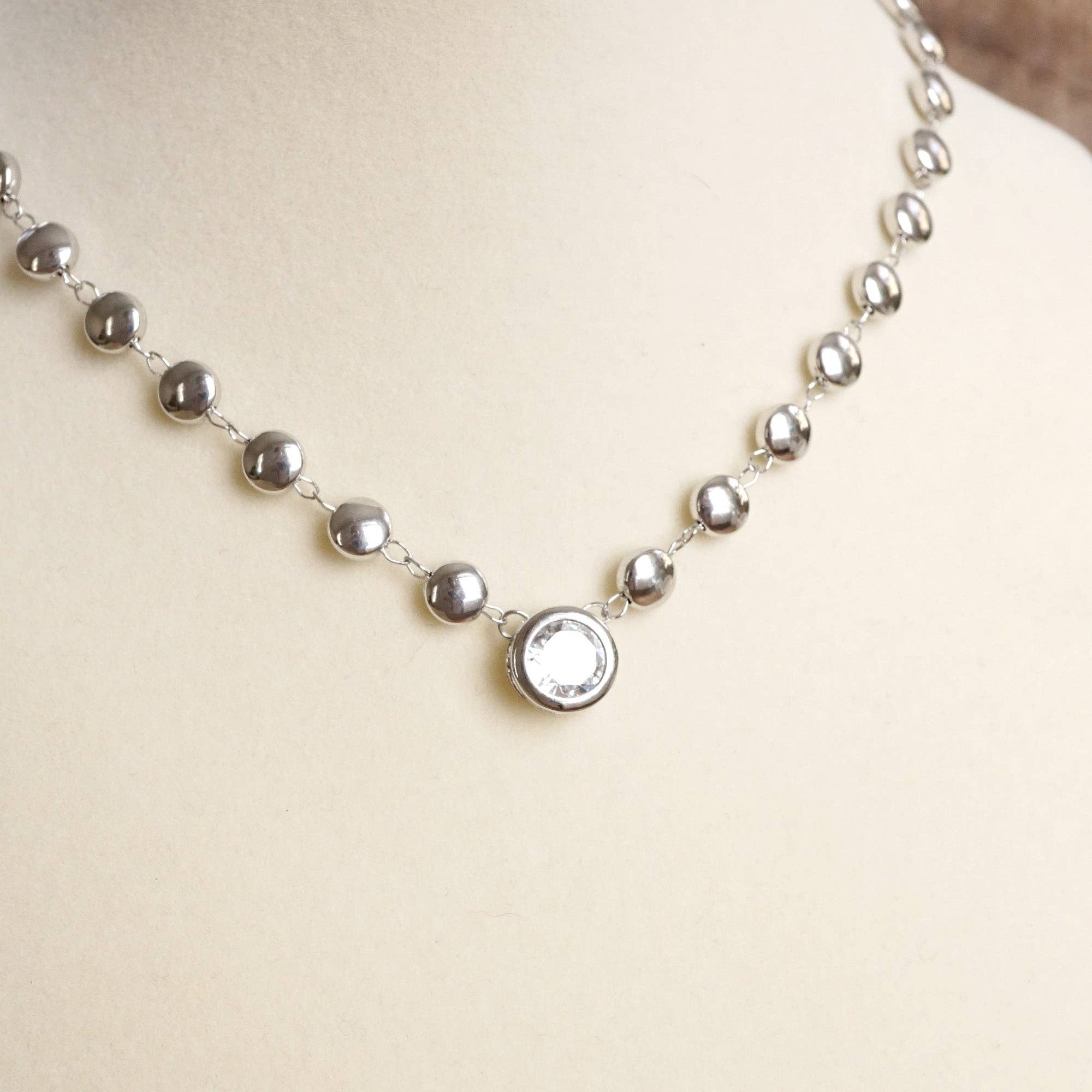 Clear Crystal Bezel Pendant Dot Chain Neckline Necklace-Necklaces-PennyLine inc-Stuffology - Where Vintage Meets Modern, A Boutique for Real Women in Crosbyton, TX