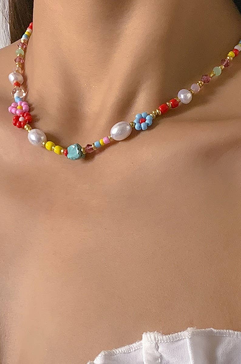 MULTI COLORED FLOWER DAISY PEARL STONE NECKLACE | 40NK9478-Necklaces-JOSSLYN by wall to wall-Stuffology - Where Vintage Meets Modern, A Boutique for Real Women in Crosbyton, TX