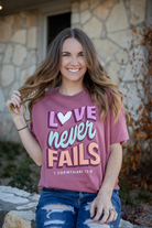 Love Never Fails - Short Sleeve (Mauve Berry) Graphic Tee-Women > Tops > Tshirts > Graphic-Jadelynn Brooke-Stuffology - Where Vintage Meets Modern, A Boutique for Real Women in Crosbyton, TX