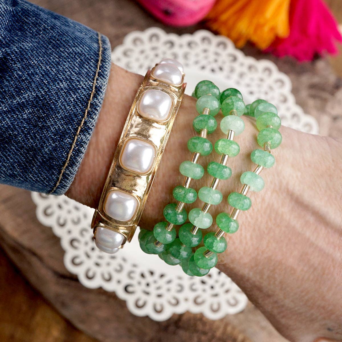 Eternal Glow – Eternity Stretchy Bangle with Cabochons or Pearls-PennyLine inc-Stuffology - Where Vintage Meets Modern, A Boutique for Real Women in Crosbyton, TX
