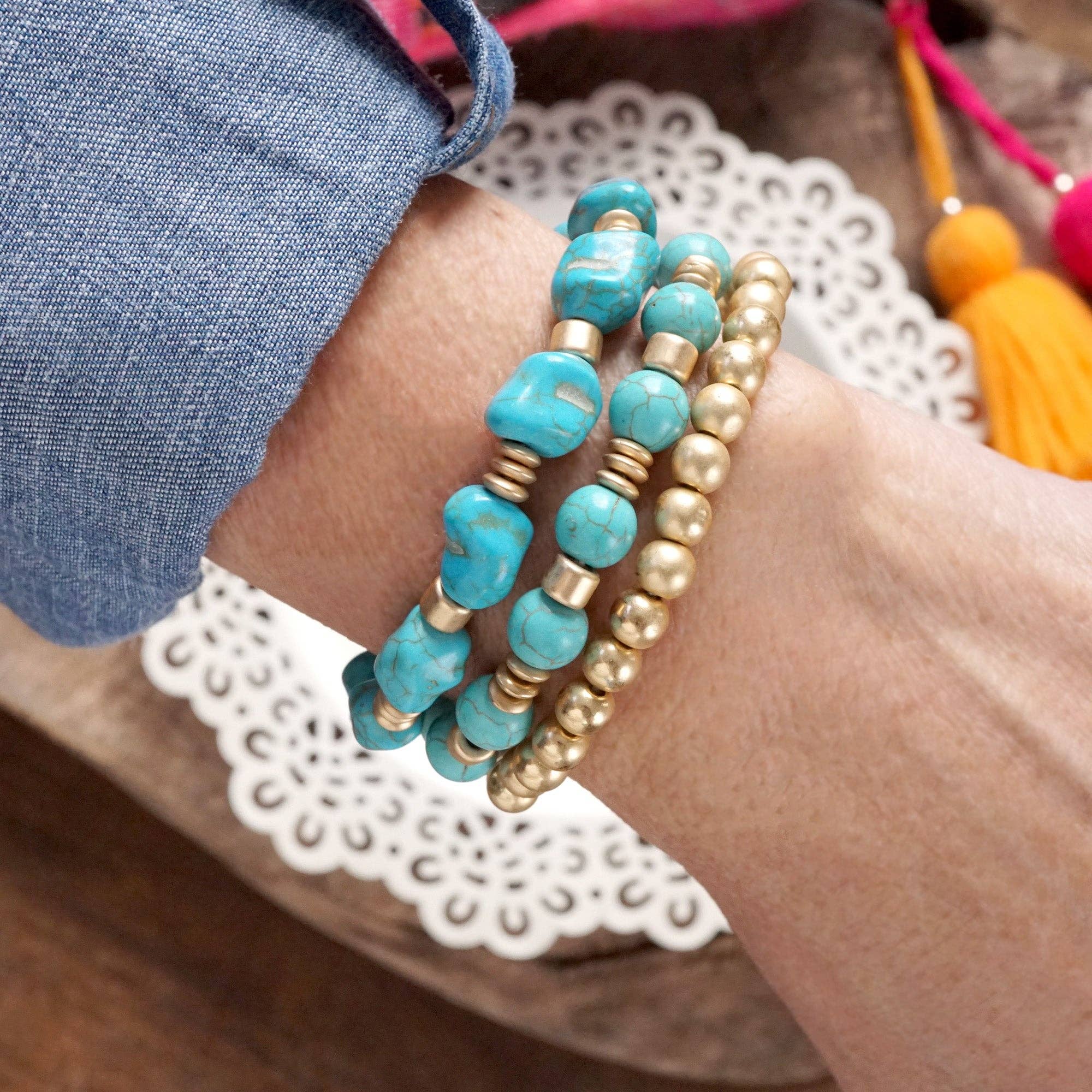 Western-Inspired Beaded Bracelet Set – Gold & Stone Accents-PennyLine inc-Stuffology - Where Vintage Meets Modern, A Boutique for Real Women in Crosbyton, TX