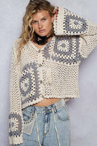 Hand knit squares hooded button closure cardigan-Sweater Cardigan-Pol Clothing-Stuffology - Where Vintage Meets Modern, A Boutique for Real Women in Crosbyton, TX