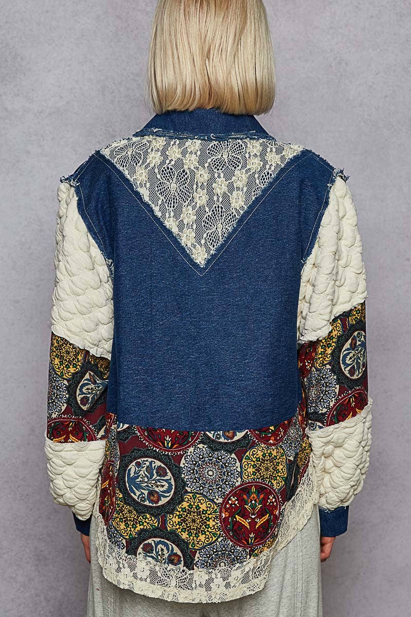 POL Clothing - Denim Patchwork Jacket-Denim Jacket-Pol Clothing-Stuffology - Where Vintage Meets Modern, A Boutique for Real Women in Crosbyton, TX