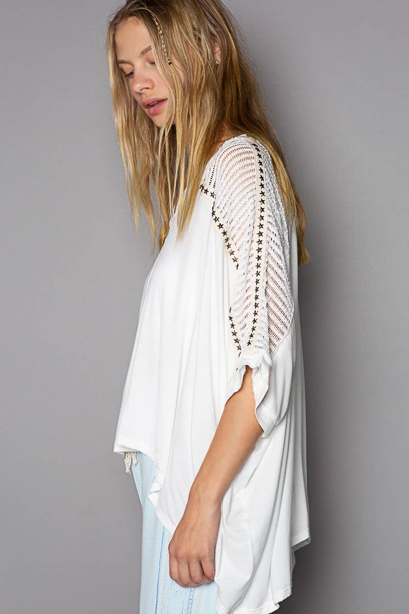 POL Clothing Oversize V-neck Crochet Lace Contrast Studded Top-Loose Fit Top-Pol Clothing-Stuffology - Where Vintage Meets Modern, A Boutique for Real Women in Crosbyton, TX