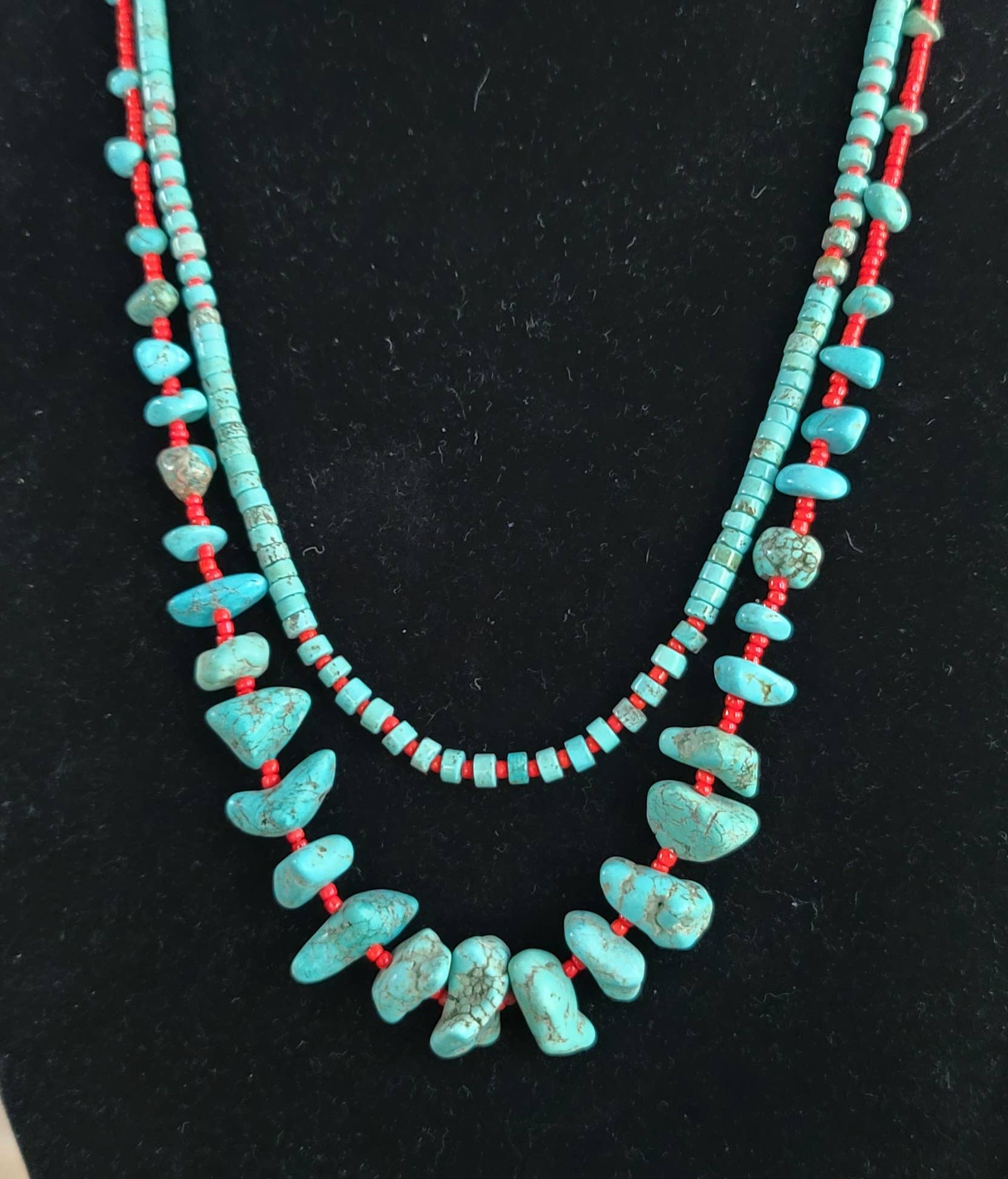 Case of 2 Turquoise, red glass bead necklaces, Native made-Necklaces-Horse Spirit Studio-Stuffology - Where Vintage Meets Modern, A Boutique for Real Women in Crosbyton, TX