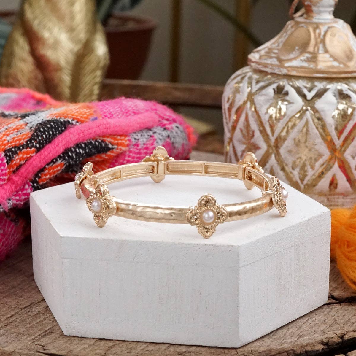 Sun-Kissed Shine – Medallion Stretchy Bangle with Pearl or Turquoise-Bracelets-PennyLine inc-Stuffology - Where Vintage Meets Modern, A Boutique for Real Women in Crosbyton, TX