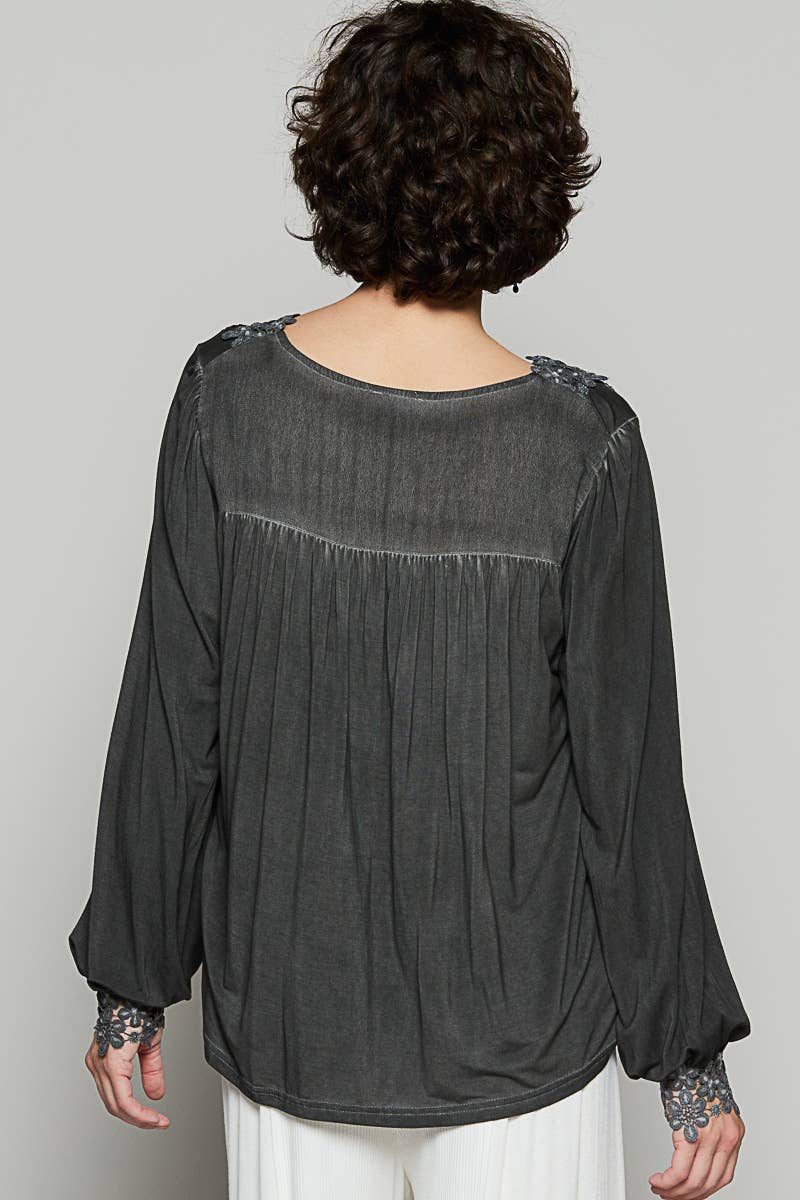 Long Sleeve Contrast Floral Lace Crochet V-Neck Top-Pol Clothing-Stuffology - Where Vintage Meets Modern, A Boutique for Real Women in Crosbyton, TX