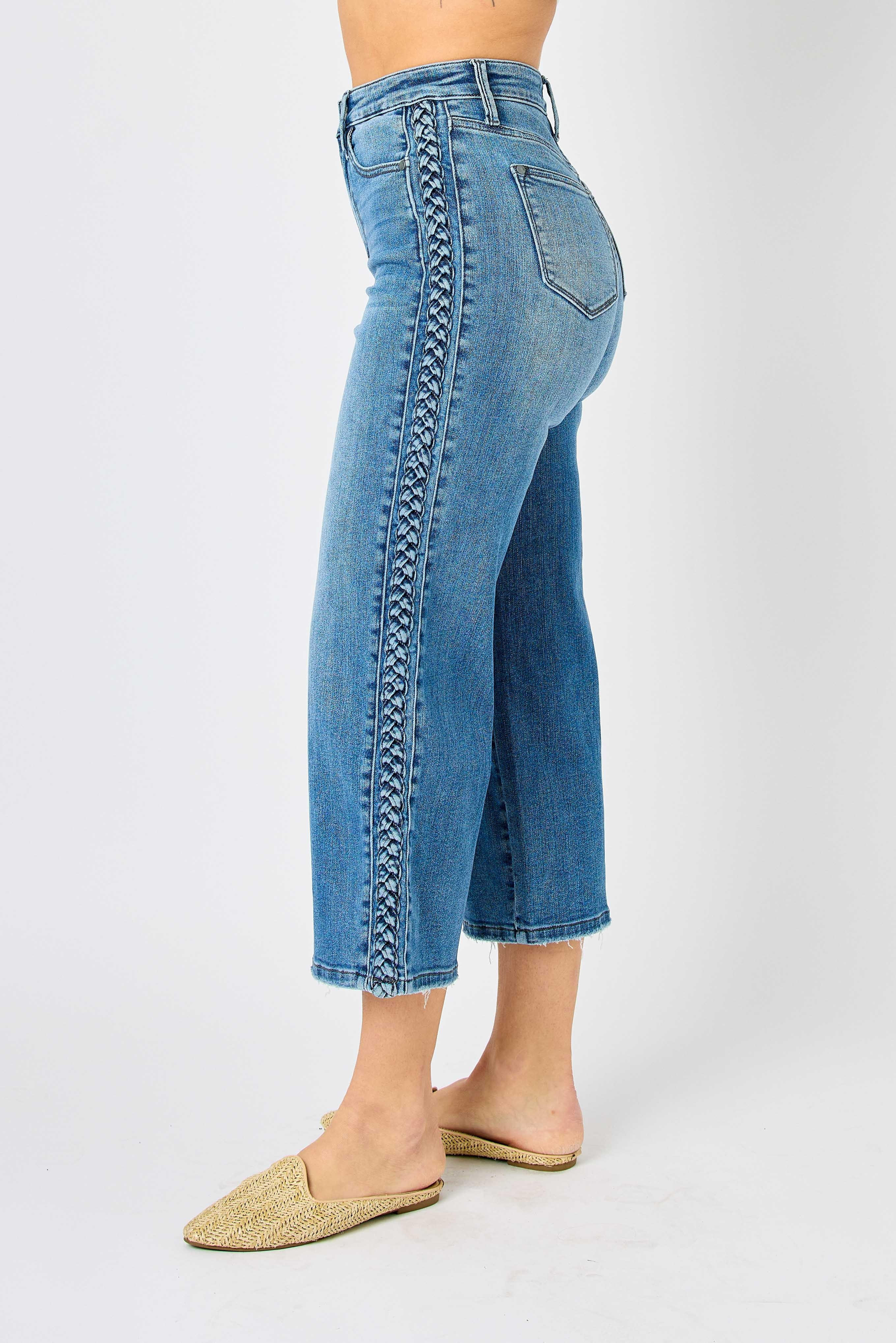 JUDY BLUE BRAIDED WIDE CROP MEDIUM WASH JEANS / STUFFOLOGY BOUTIQUE-Jeans-Judy Blue-Stuffology - Where Vintage Meets Modern, A Boutique for Real Women in Crosbyton, TX