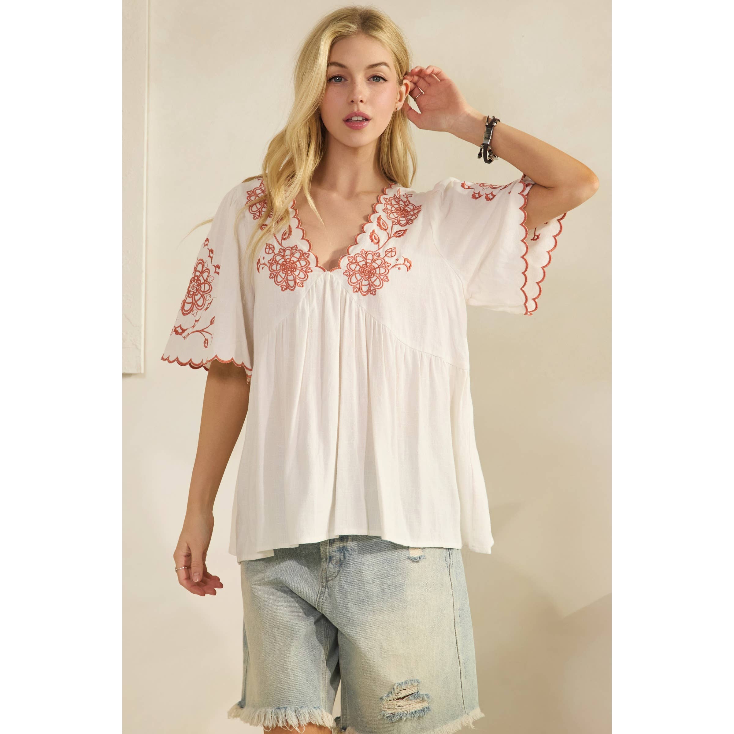 SCALLOPED BOHO EMBROIDERED BLOUSE (ST7681)-Sage + Fig-Stuffology - Where Vintage Meets Modern, A Boutique for Real Women in Crosbyton, TX