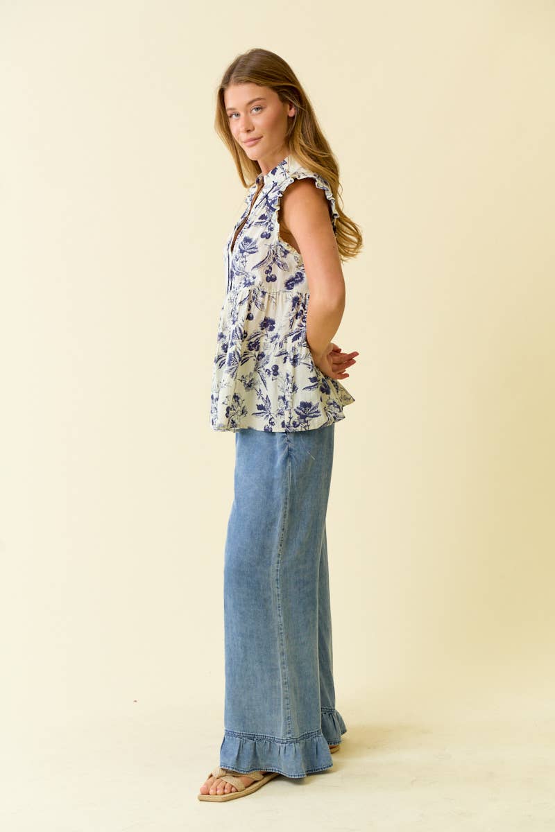 DENIM RUFFLE BOTTOM WIDE LEG PANTS - 8887P-Doe and Rae-Stuffology - Where Vintage Meets Modern, A Boutique for Real Women in Crosbyton, TX