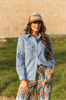 LIGHT DENIM CHAMBRAY SHIRT-Shirt / Jacket-Turquoise Haven-Stuffology - Where Vintage Meets Modern, A Boutique for Real Women in Crosbyton, TX