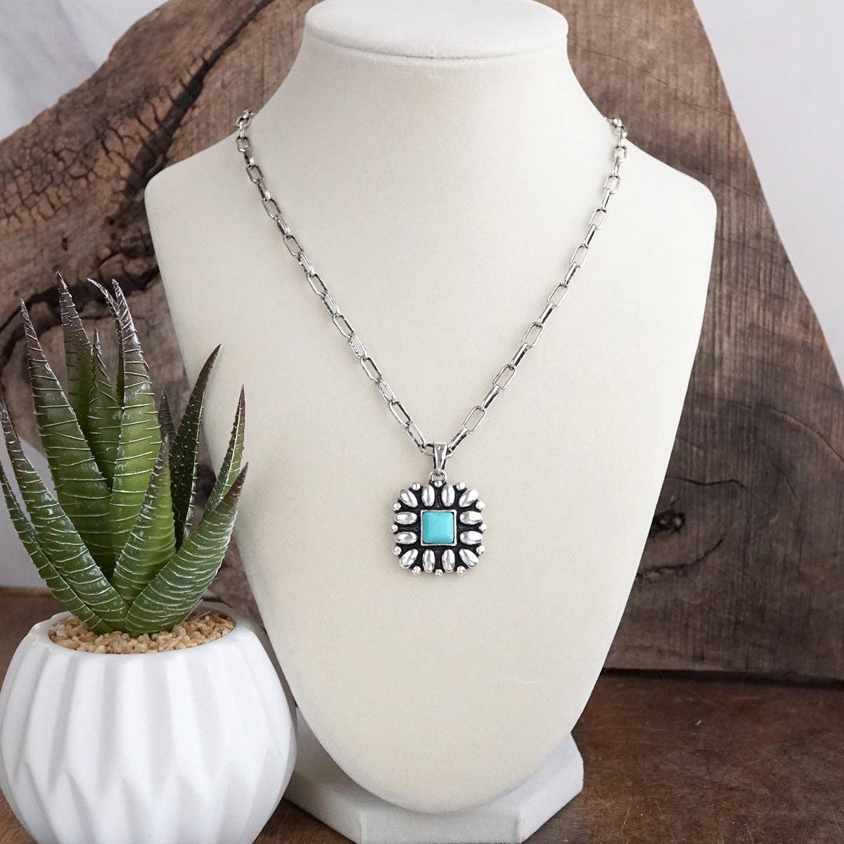 Desert Bloom – Square Concho Pendant Necklace in Worn Silver-Necklaces-PennyLine inc-Stuffology - Where Vintage Meets Modern, A Boutique for Real Women in Crosbyton, TX