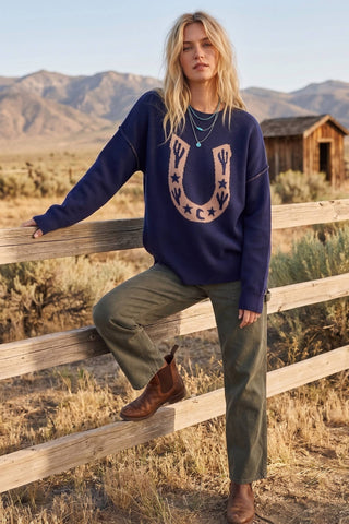 Western Horseshoe Cactus Knit Sweater-Sweaters-Sewn and Seen-Stuffology - Where Vintage Meets Modern, A Boutique for Real Women in Crosbyton, TX