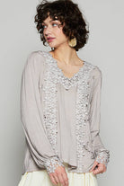 Long Sleeve Contrast Floral Lace Crochet V-Neck Top-Pol Clothing-Stuffology - Where Vintage Meets Modern, A Boutique for Real Women in Crosbyton, TX